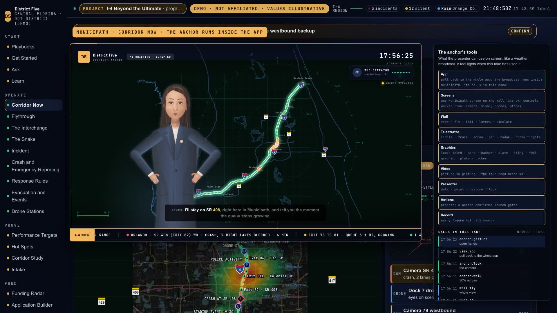 The Corridor Anchor standing beside the I-4 corridor map, inside Municipath's Corridor Now screen, with the anchor's tools listed on the right