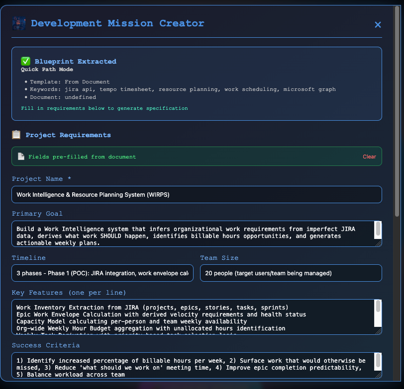 SCREENSHOT: Big Bang Epic Creator showing an 11-phase epic with work units, gaps, and architecture diagrams
