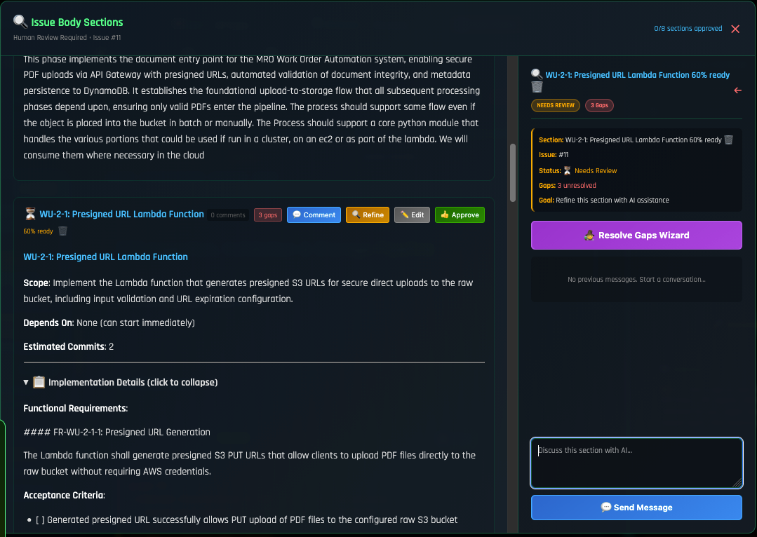 SCREENSHOT: Expanded work unit showing functional requirements, technical specs, dependencies, gaps, and an architecture diagram