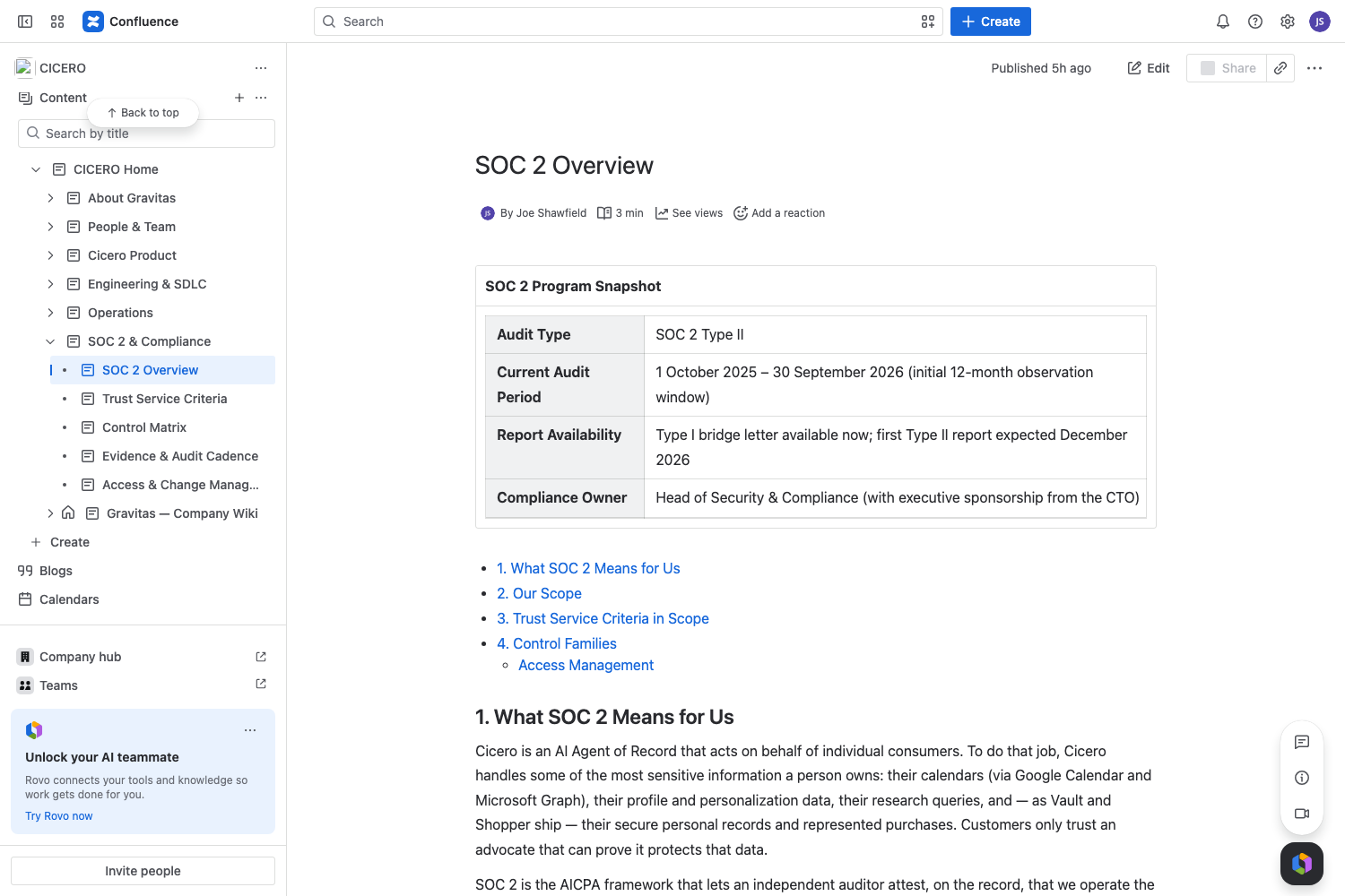 SCREENSHOT: A generated SOC 2 governance page in Confluence, written as part of the Cicero build