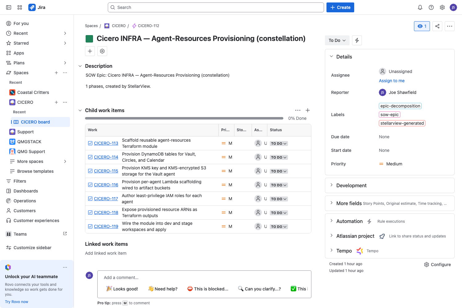 SCREENSHOT: The Cicero epic in Jira, every work unit mapped one-to-one, auditable from the first click