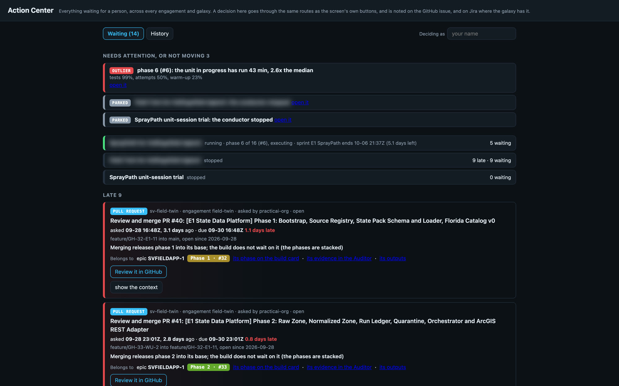 The Action Center: pull requests waiting for a person to review and merge, each one tied to its phase.