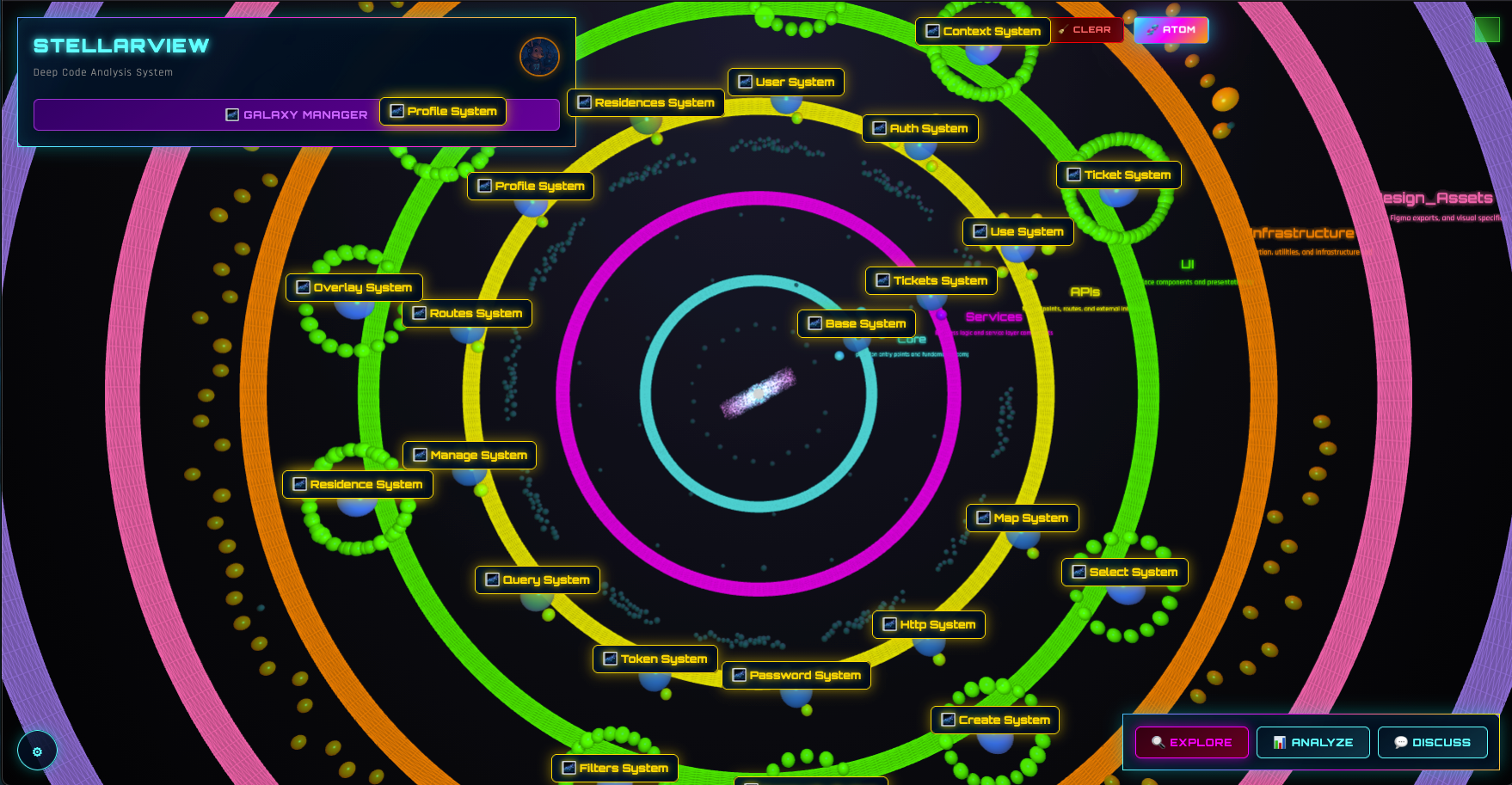 SCREENSHOT: StellarView 3D constellation view showing a real galaxy, dozens of files organized by architectural layer, color-coded, navigable