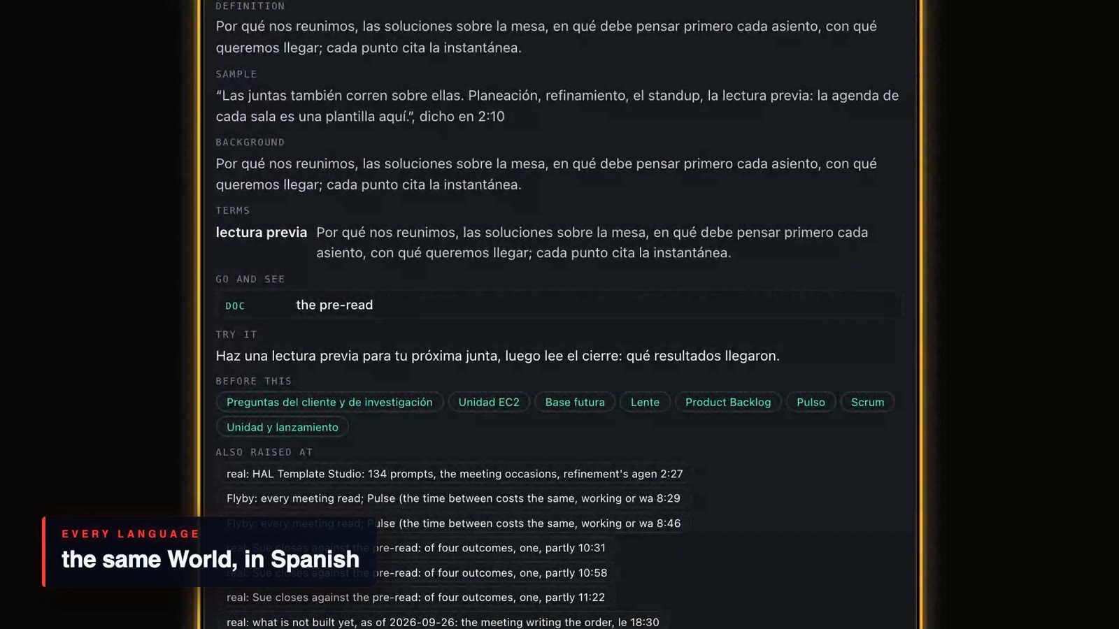 The same World, in Spanish: every string tied to the English it came from
