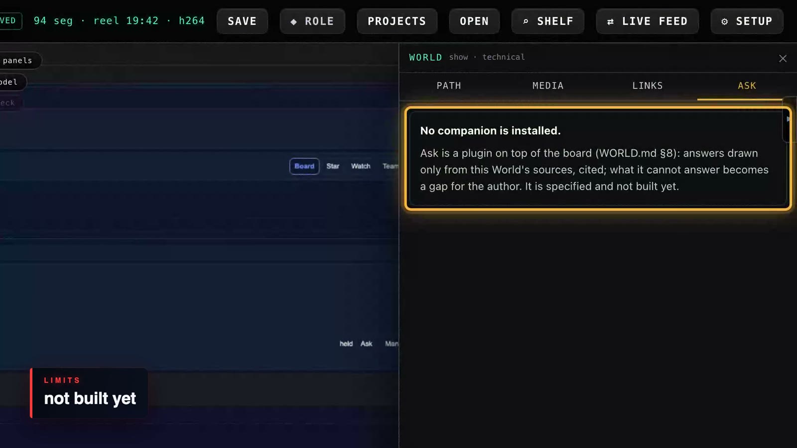 Not built yet, said plainly: the Ask tab is specified, and no companion is installed