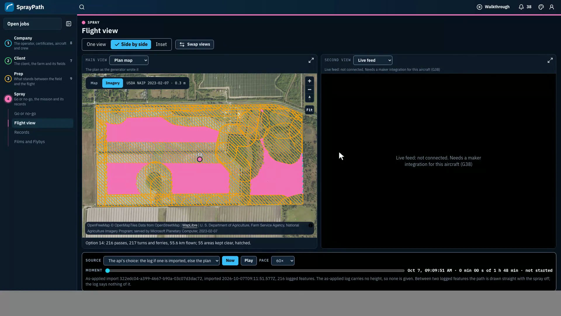 What was built: SprayPath's flight view at JB Ranch. Option 14 plans 216 passes over 55.6 km, with 55 areas kept clear.