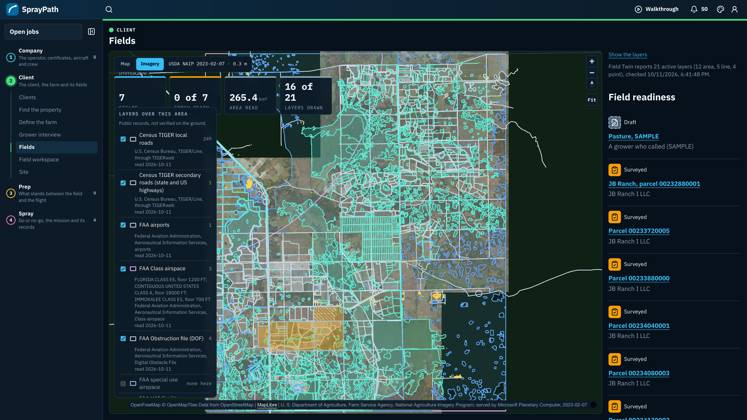 SprayPath's fields at JB Ranch over USDA imagery, with 16 of 21 public-record layers drawn and each field's readiness.