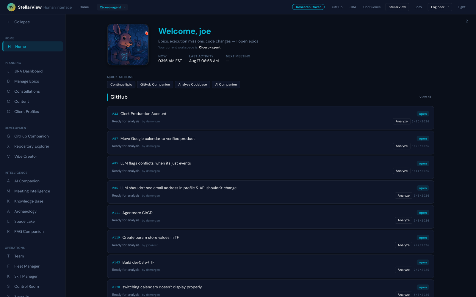A delivered StellarView instance showing a client's own workspace and live issues