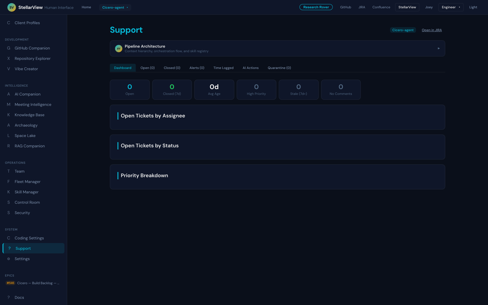 StellarView's support desk, scoped to the client's galaxy and wired to their JIRA