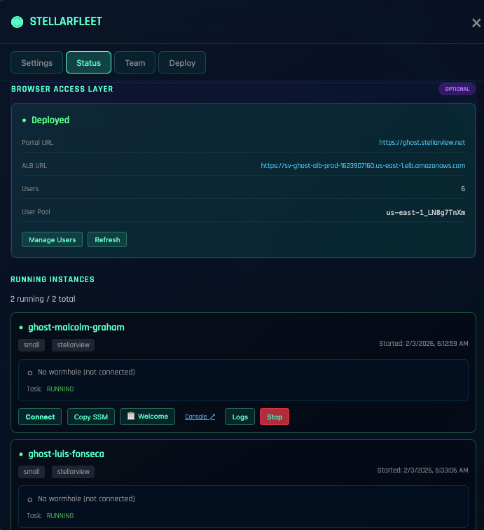 SCREENSHOT: Fleet dashboard showing Ghost instances, Replicant deployments across multiple client galaxies