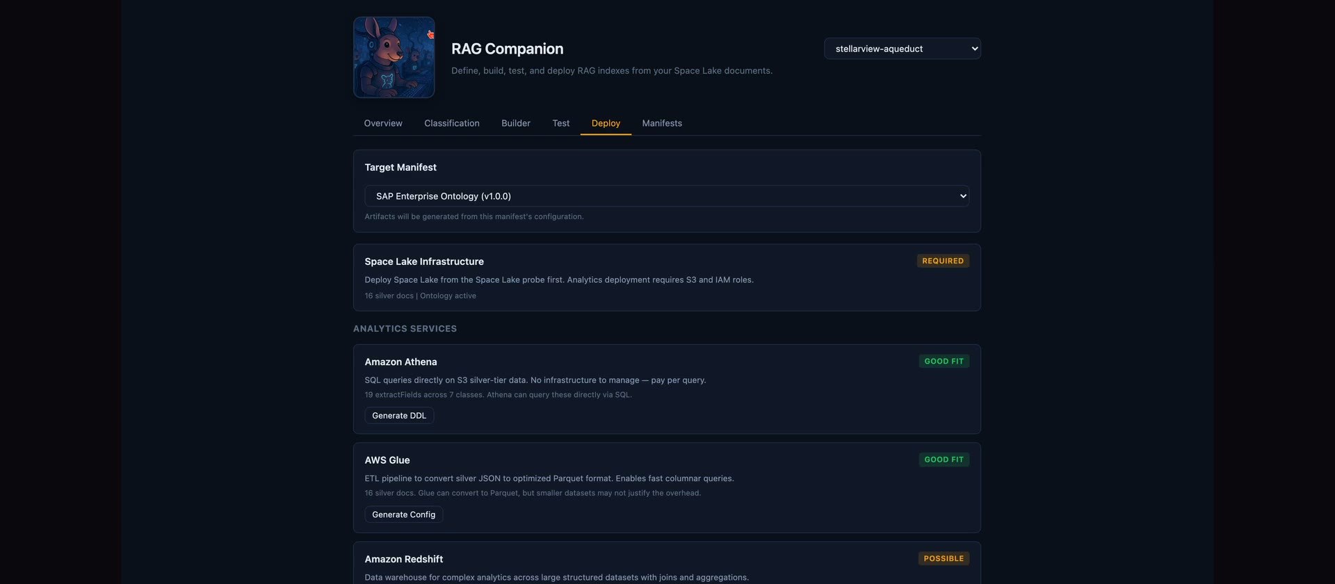 The RAG Companion: indexes built from the documents in Space Lake, with the ontology active.