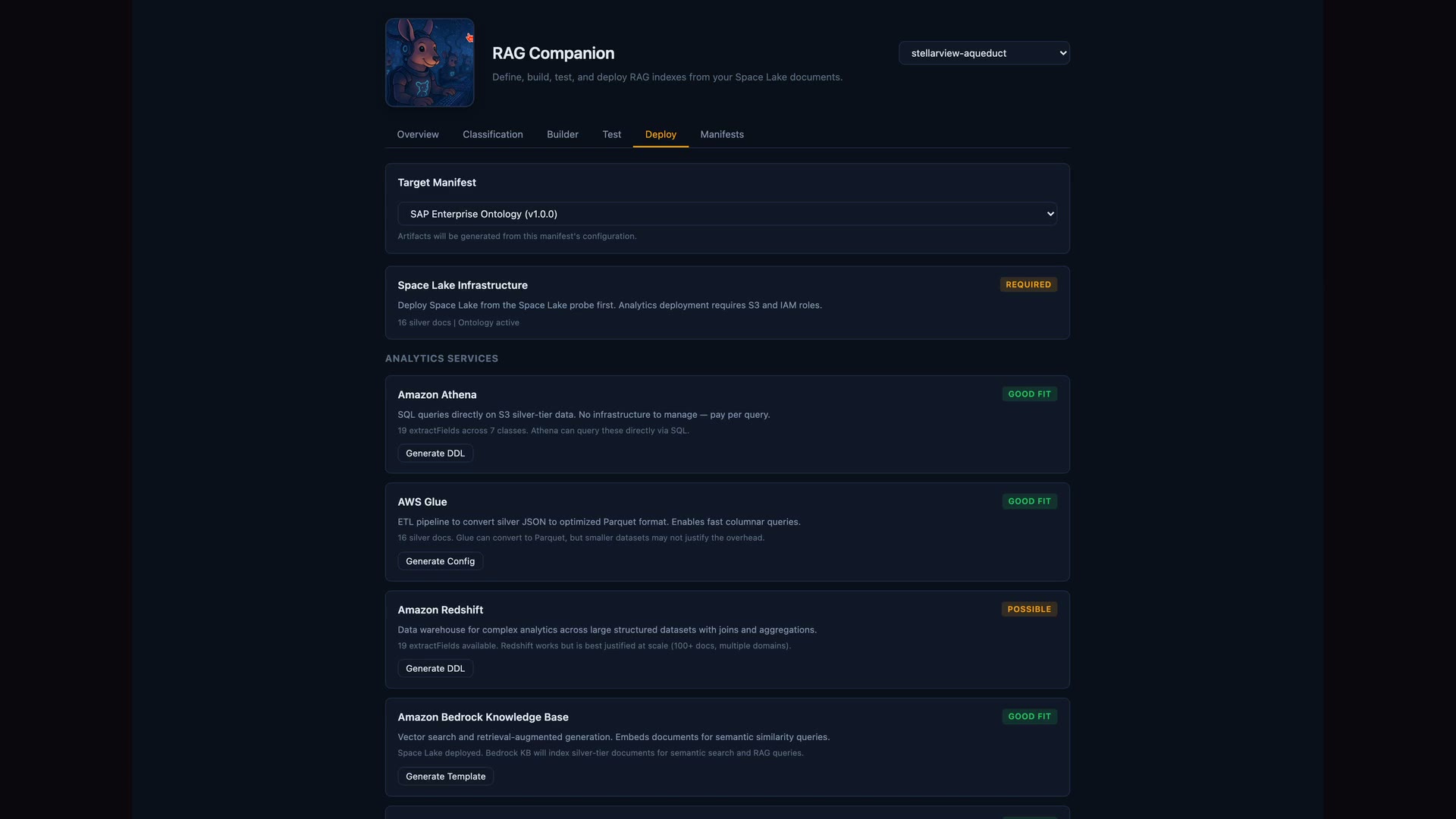 The RAG Companion: indexes defined, built and tested from the documents in Space Lake, with the ontology active.