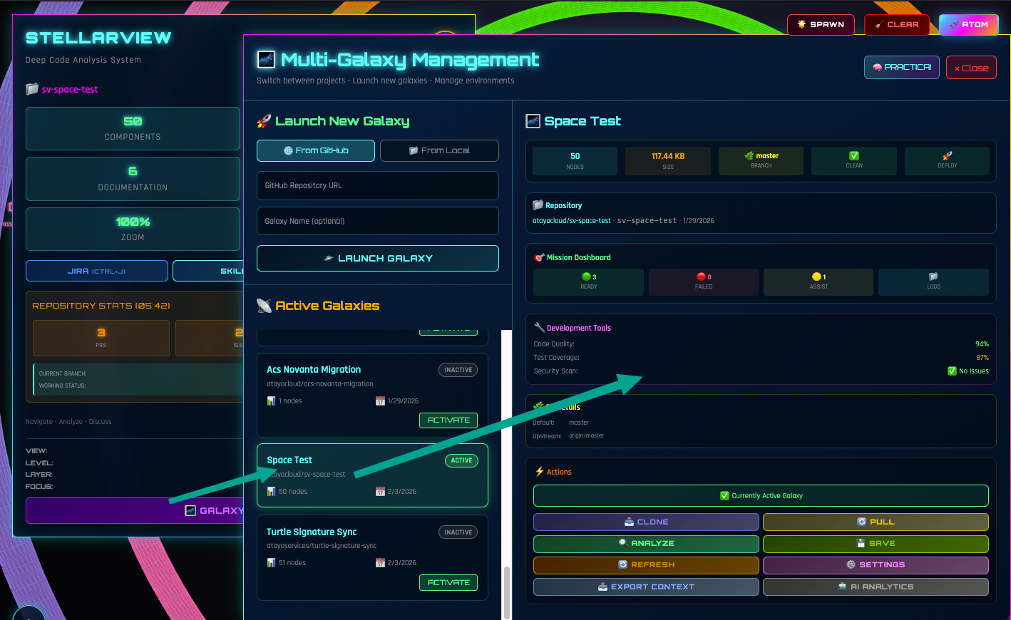 SCREENSHOT: Galaxy Explorer connection panel. GitHub org field, repository list, "Explore" button