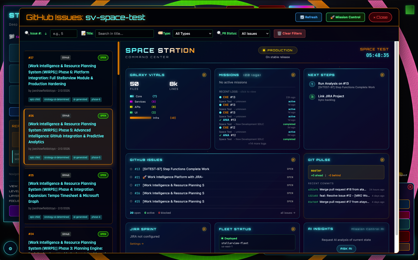SCREENSHOT: GitHub showing the created epic issue with 11 child issues linked, each with the phase title and labels
