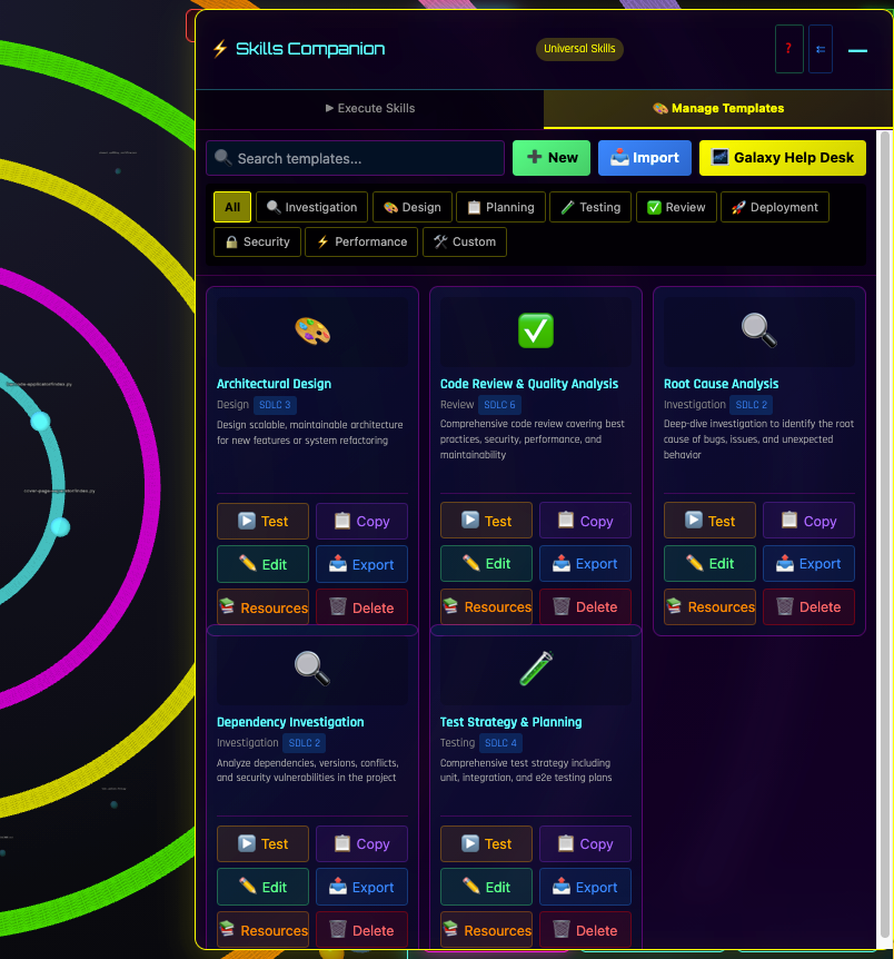 SCREENSHOT: HAL Template Studio showing the skill template editor, skill name, description, template variables, pattern code