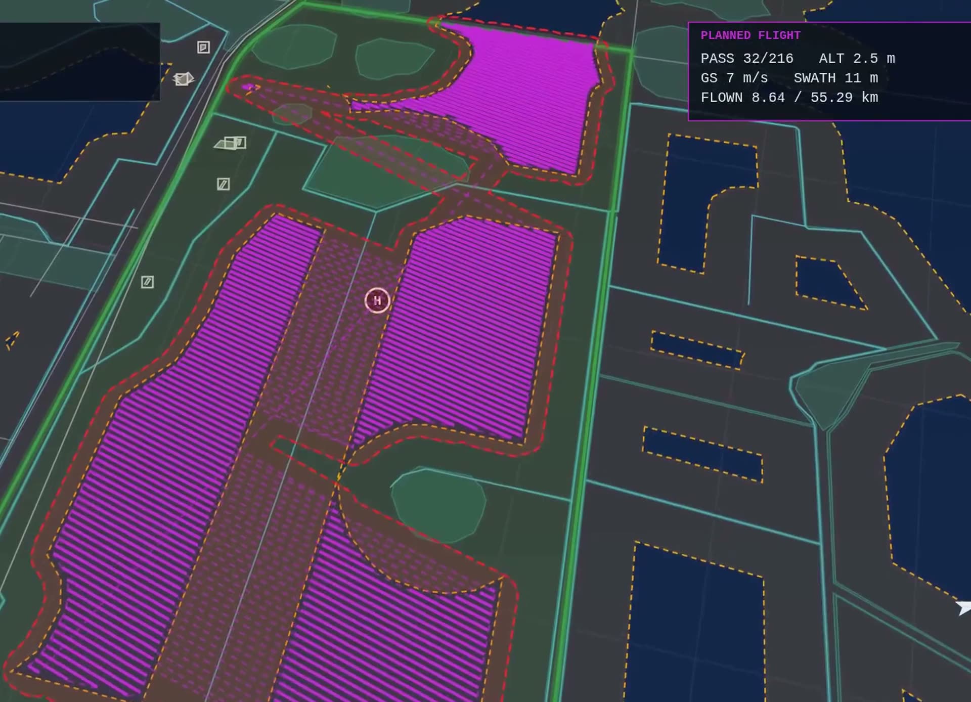 JB Ranch, a real build: the fields the flight plan sprays, in magenta, with the planned flight counting up.