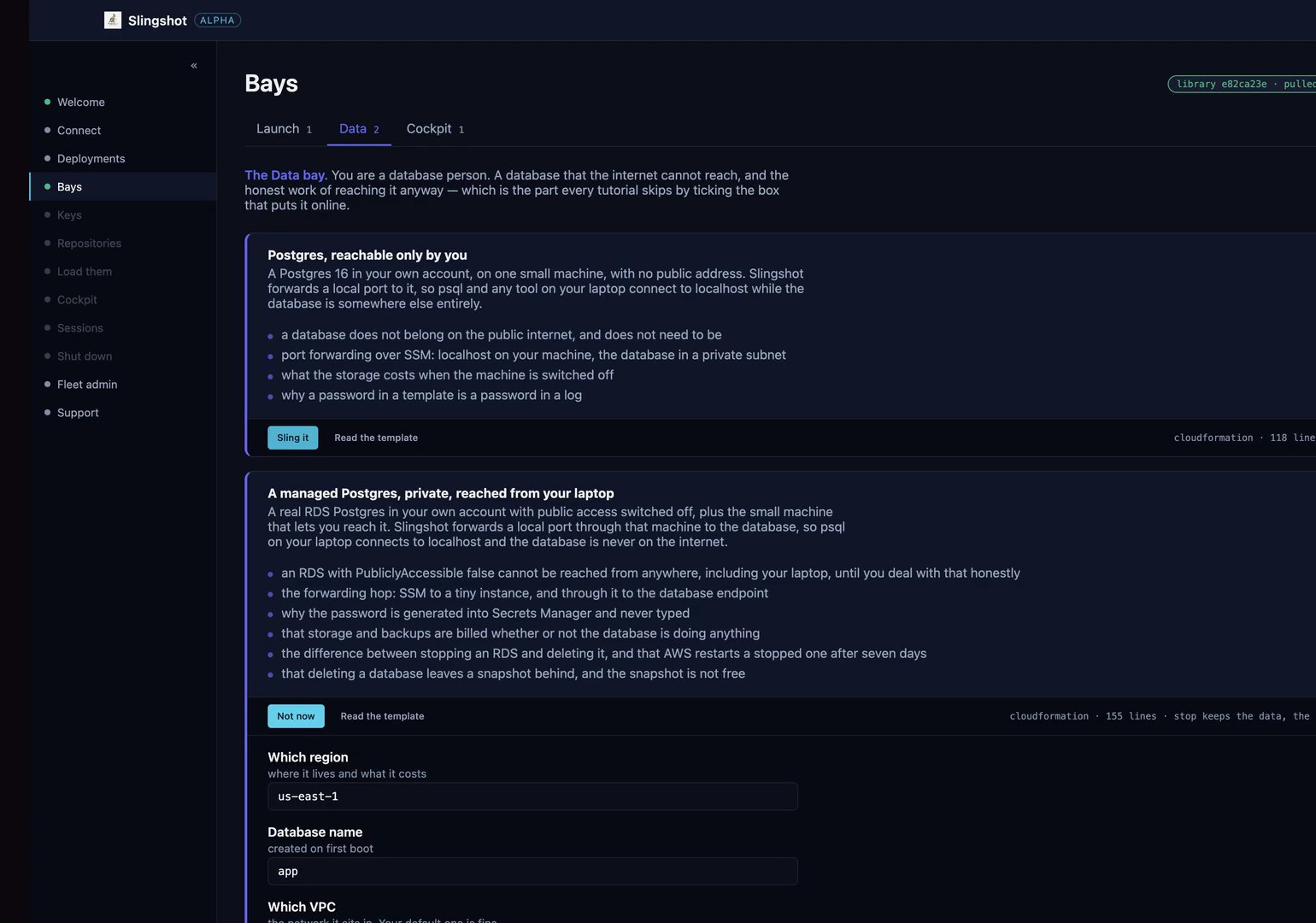 Slingshot, the data bay: a database in your own account, reachable only by you
