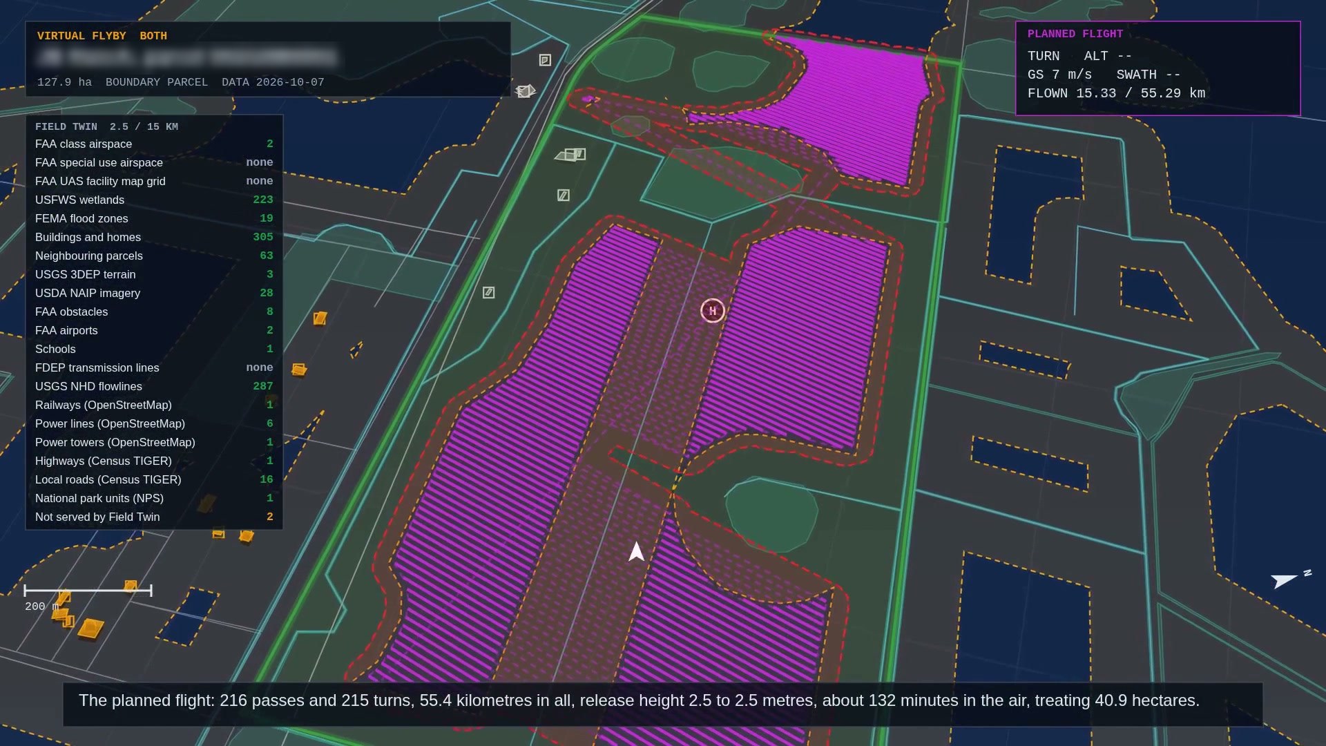 The running app: a planned spray flight over a real farm's fields in 3D. The farm's name and parcel number are blurred.