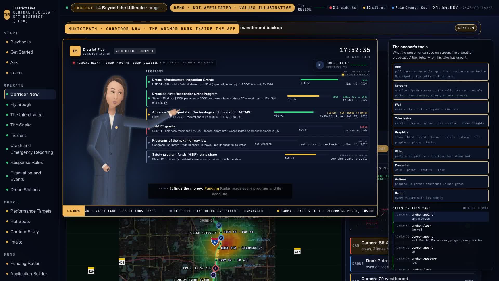 Funding Radar on the wall beside the anchor: programs with deadlines, federal share and fit