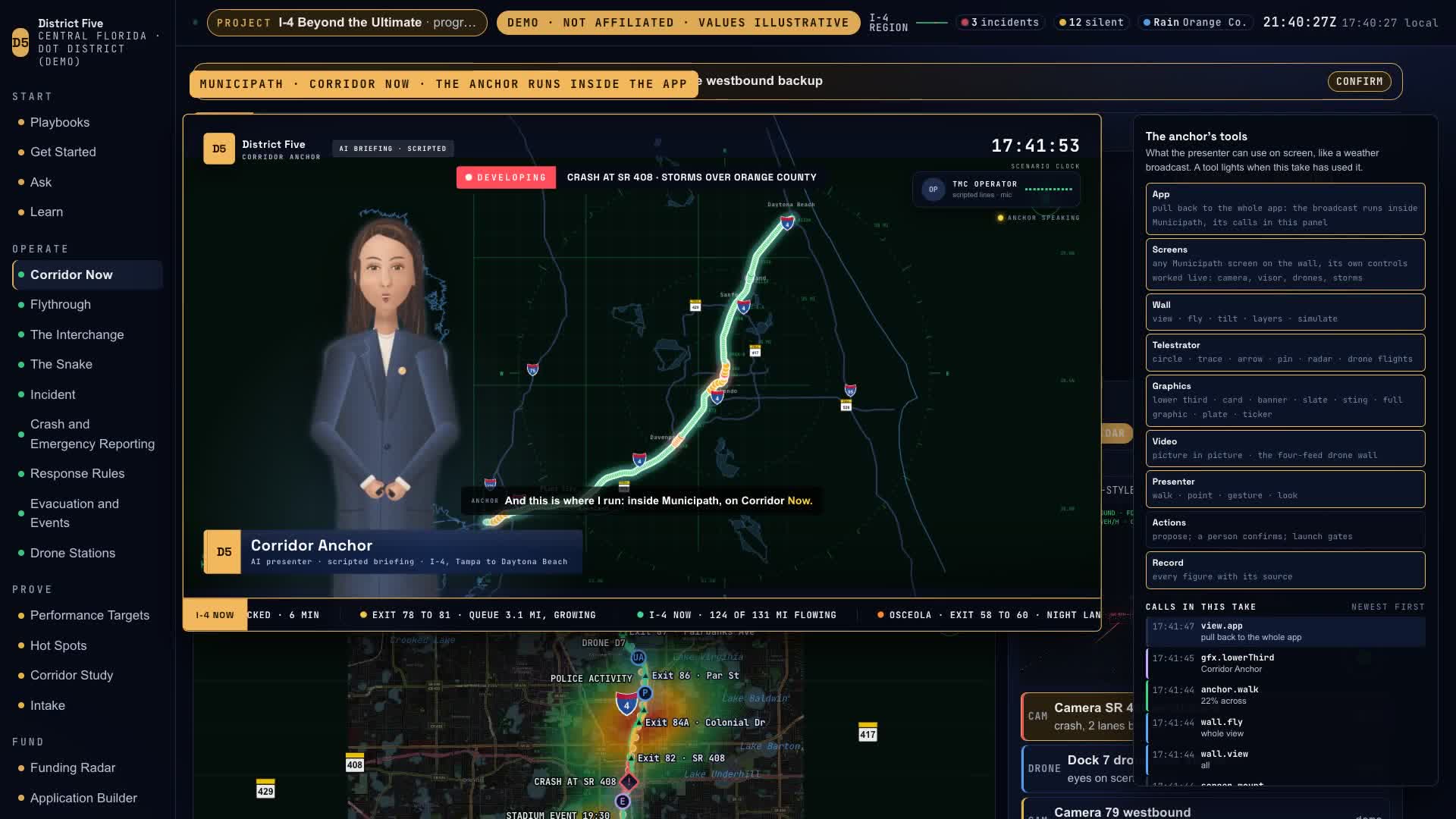 The broadcast pulled back inside Corridor Now, with the Municipath menu on the left and the anchor's tools and calls on the right
