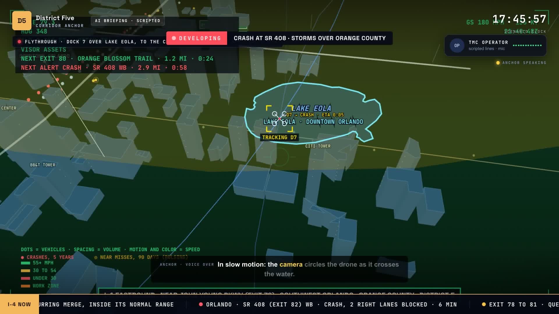 The 3D flythrough circling Dock 7's drone as it crosses Lake Eola, with a yellow lock-on box reading TRACKING D7
