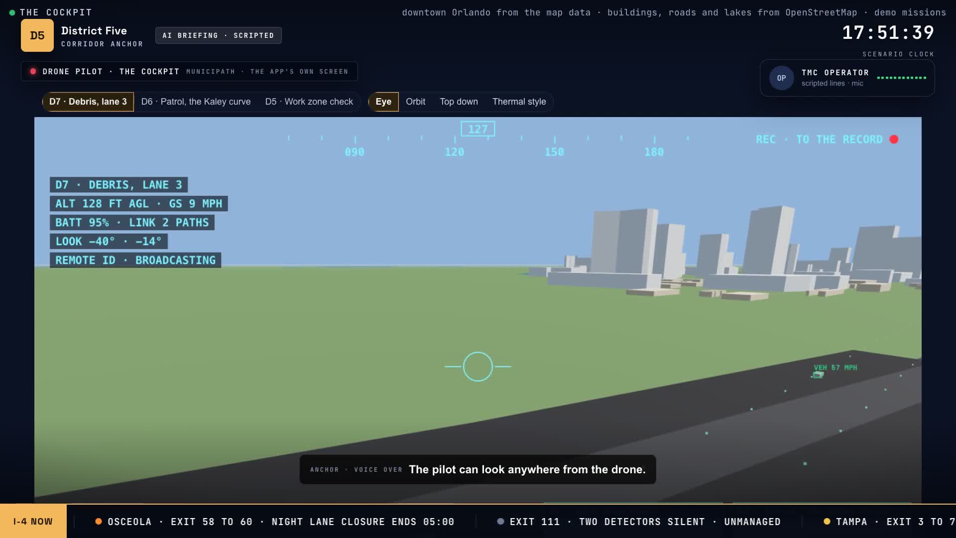 The Drone Pilot cockpit, first-person from Dock 7 over downtown Orlando