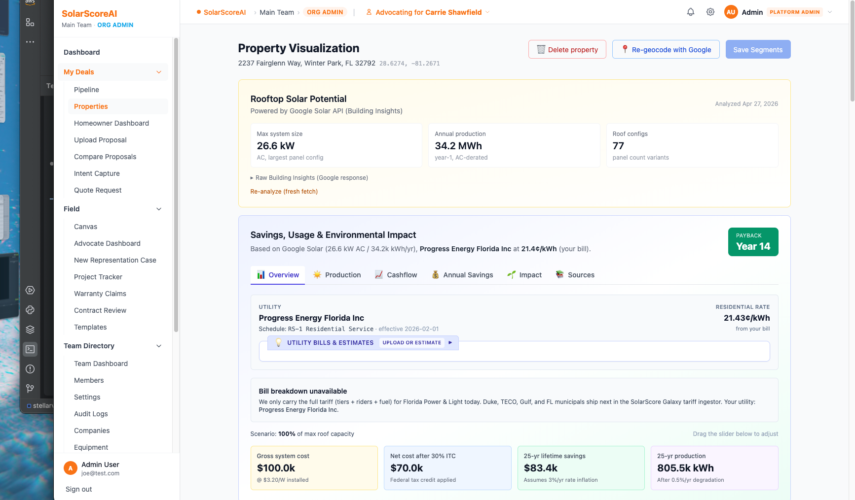 SCREENSHOT: SolarScore home-services platform — property scoring and estimating