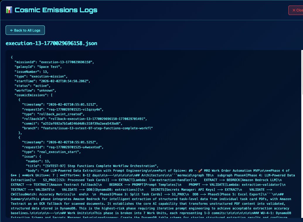 SCREENSHOT: StellarView Cosmic Emissions timeline — every AI interaction audited (prompts, responses, tokens, model selection, cost, timestamps), exported to S3