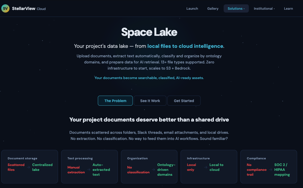 SCREENSHOT: StellarView Space Lake — the cross-galaxy data plane, grounded and seeded from real sources, feeding the build