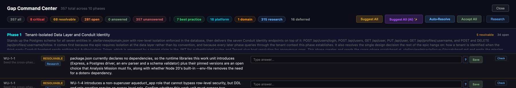 The Gap Command Center toolbar: Suggest All, Suggest All (AI), Auto-Resolve, Accept All