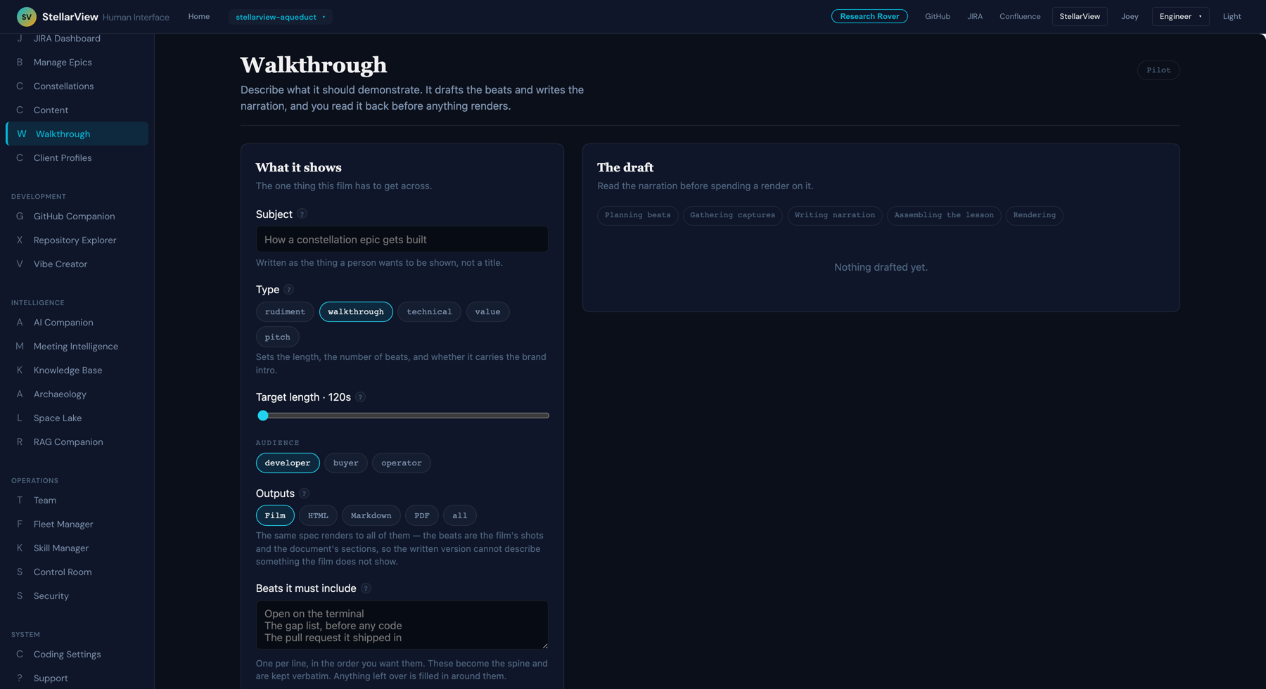StellarView's walkthrough panel, with nothing drafted