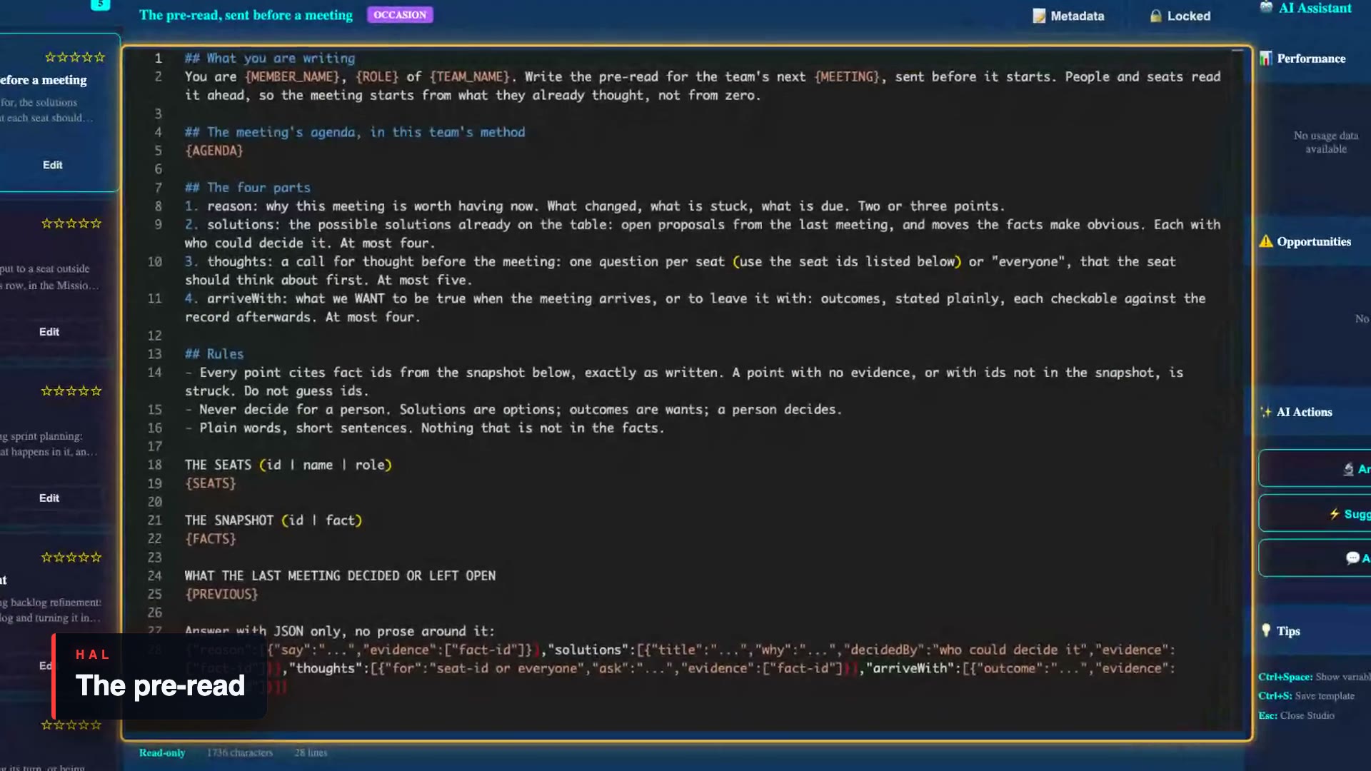 The pre-read template, in full view: every point cites a fact from the snapshot, and it never decides for a person.