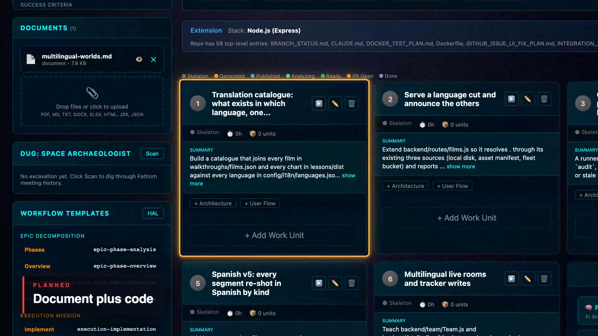 Door two, document plus code: a new epic planned from the document the team wrote and the code it already has.