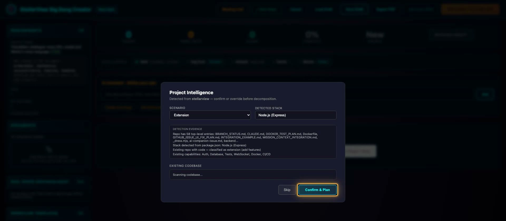 Look first: StellarView reads the repository and asks a person to confirm what it found before anything is planned.