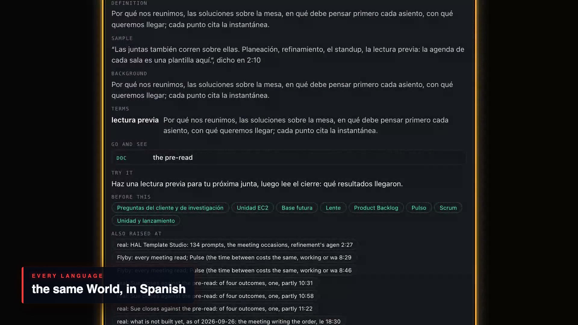 The same World, in Spanish: the pre-read defined, its sample line and its terms, translated.