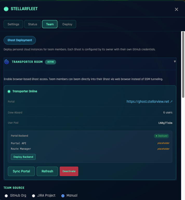 SCREENSHOT: Transporter Room showing a terminal connected to a Ghost instance. StellarView running, file browser visible