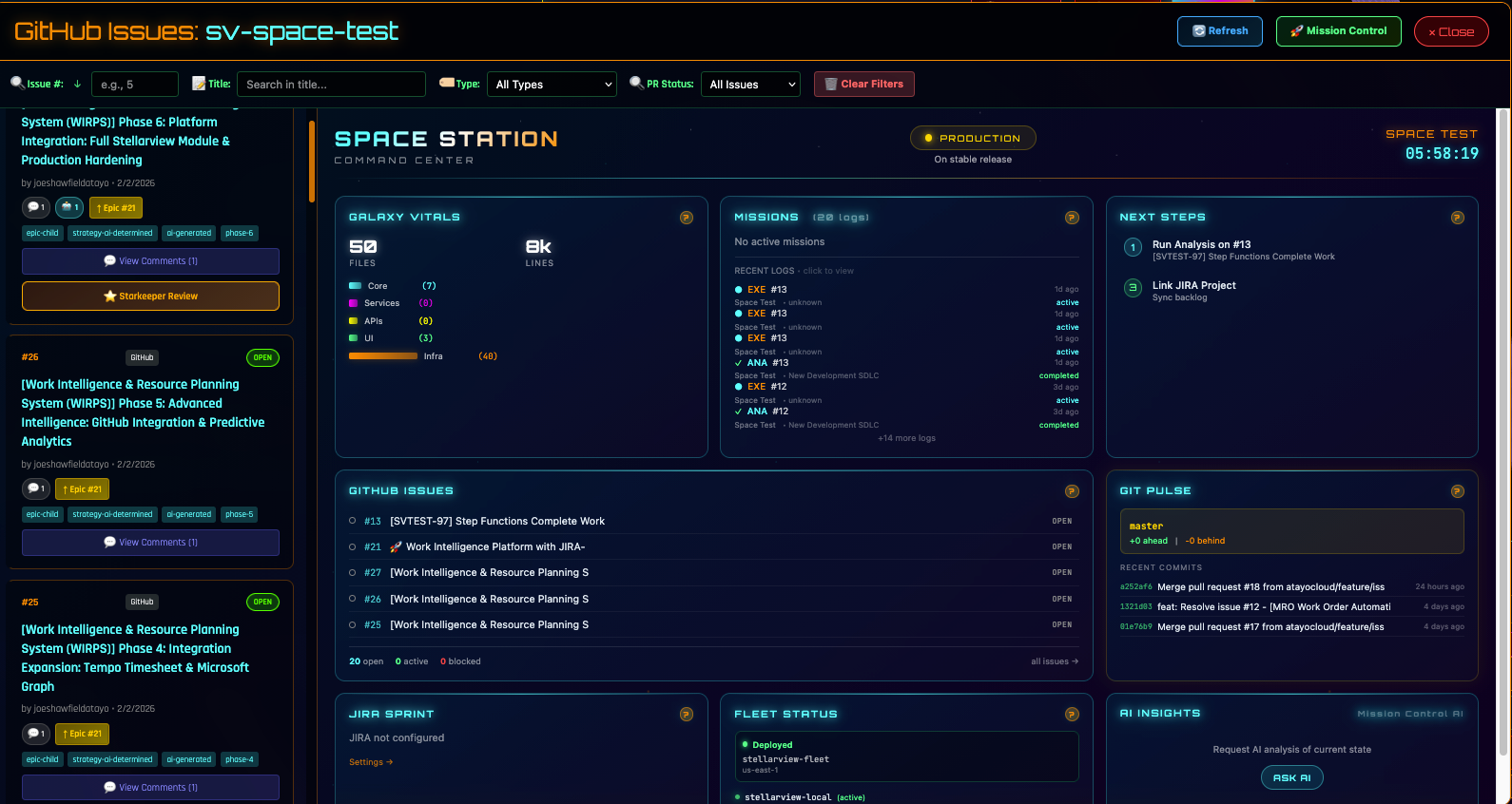 SCREENSHOT: Workspace shell showing three galaxies in the sidebar, WaltersFL, SolarScore, PropertyManagement, with activity indicators